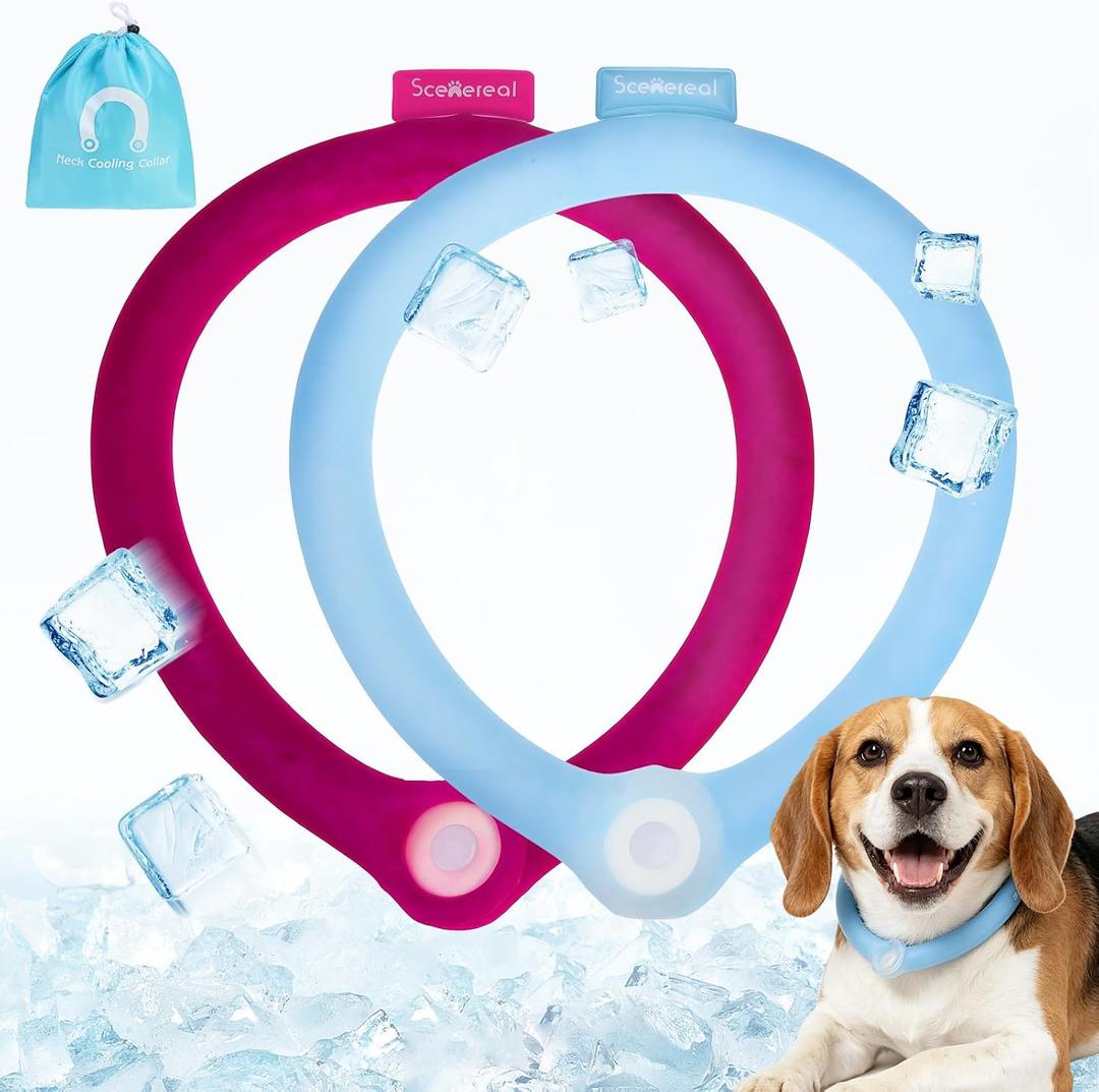 SCENEREAL 2 Pack Dog Cooling Collar Bandanas, Instant Chill Out Pet Neck Wraps for Hot Weather Summer, Heat Relief Prevent Sunstroke Summer Essentials for Dogs, Rose Red & Blue L