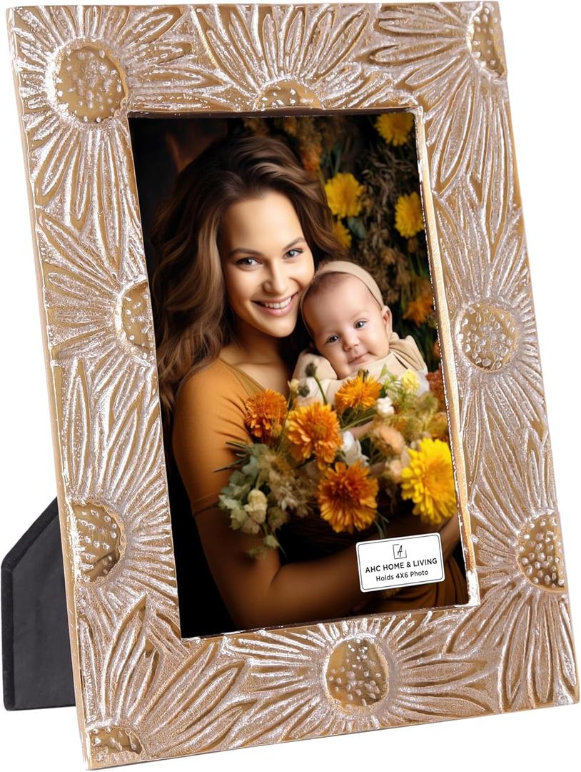 AHC HOME & LIVING 4x6 Antique Wite Gold Picture Frame - Sunflower Metals Frame, Elegant Floral Design for Tabletop & Wall Display (Vertical/Horizontal) - Fits 4x6 Photos