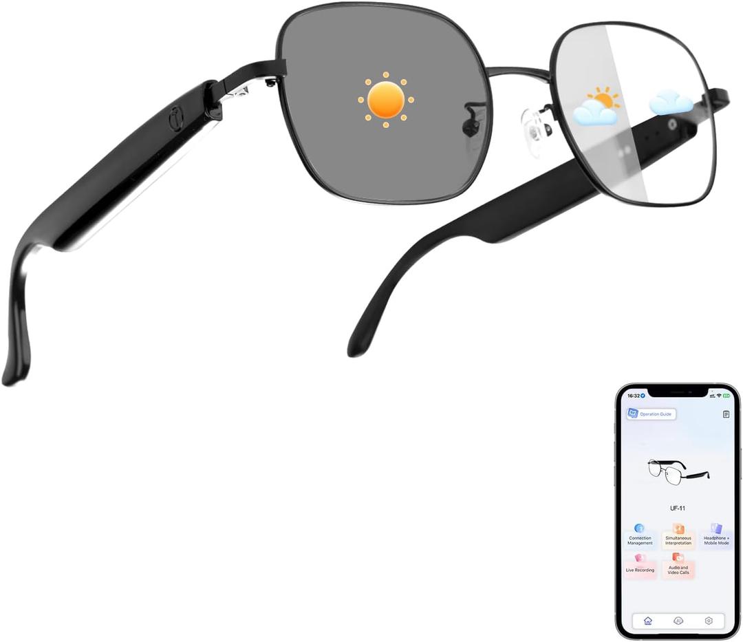 AI Smart Glasses, Powered By GPT, Support 165+ Languages Translation, Multi-Functional Translator, Noise Reduction & Photochromic Lenses, Unisex Bluetooth Glasses for Work/Travel/Study, Black-AI-UF11