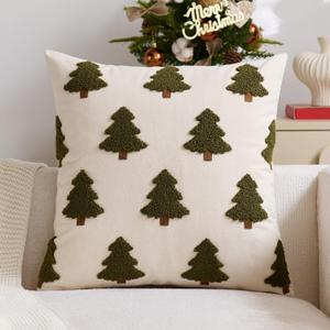 Christmas Pillow Covers 18 x 18 Inch Embroidery Green Trees Decorative Throw Pillow Covers Xmas Winter Holiday Decor for Sofa Couch Bed Living Room Beige