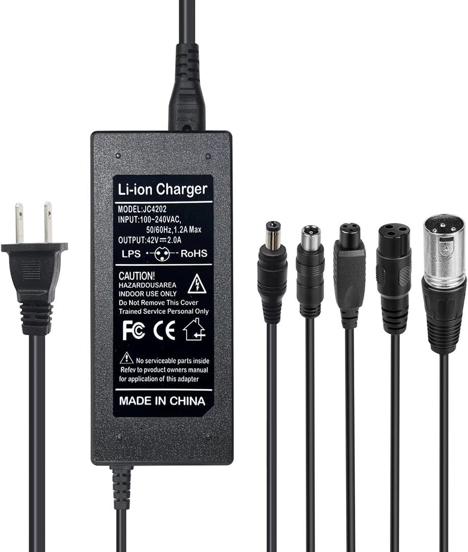 42V 2A Charger 5 Plugs for Scooter 36V Lithium Battery, Pack DC 5.5 * 2.1 with 8mm 3 Prong Connector /12mm 3 Prong Connector /8mm RCA Connector/ 3-Pin Male XLR Connector