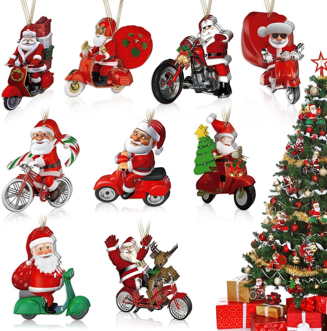 27 Pcs Biker Santa Claus Christmas Ornaments Decorations Santa on Motorcycle Ornament Motorcycle Christmas Tree Wooden Hanging with Rope Creative Gifts for Xmas Tree Family