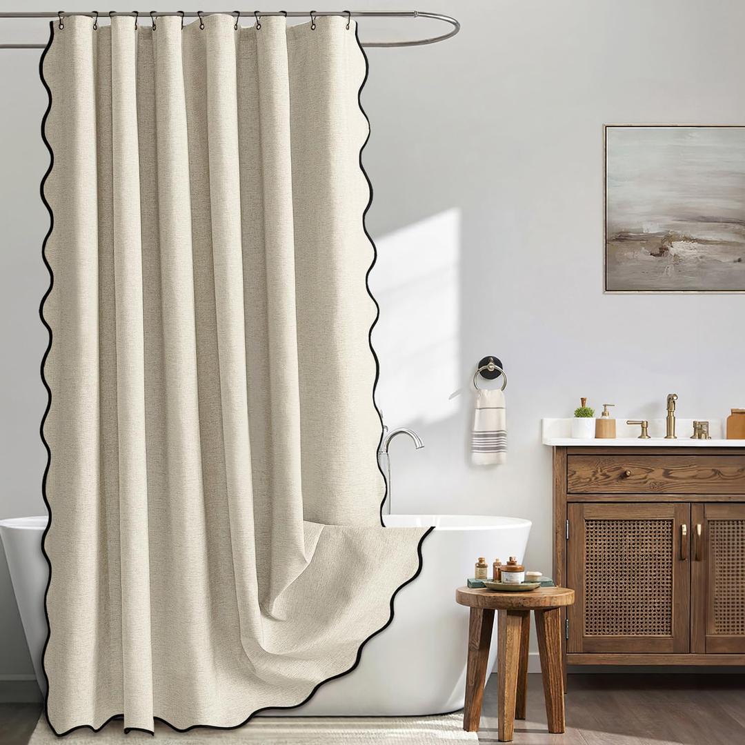 MIULEE Natural Scalloped Shower Curtain Linen Textured with 12 Metal Hooks Cute Heavy Duty Washable Waterproof Thick Cloth Shower Curtains with Black Border for Bathroom Hotel Bathtub,W72*L72