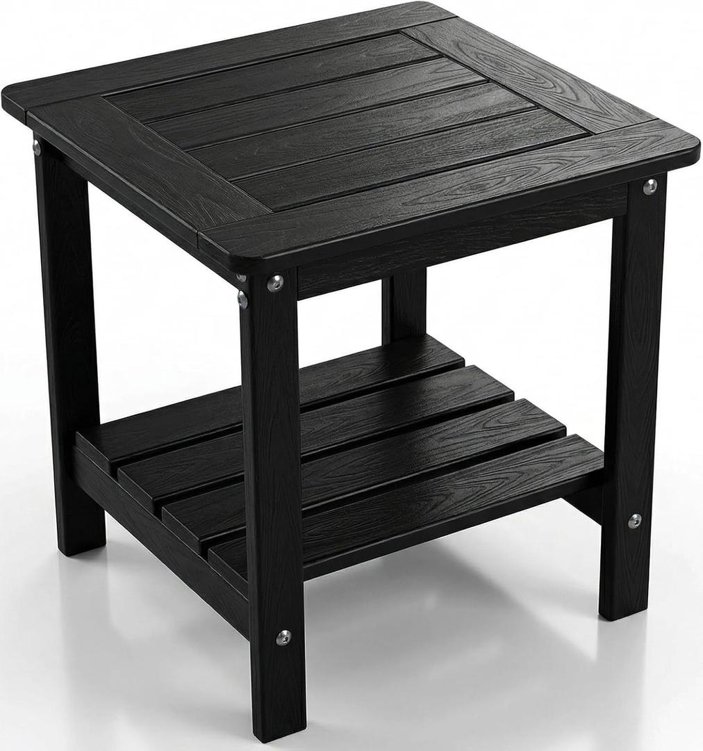 Kibaso-Adirondack Outdoor Side Table, 2-Tier HDPE Outdoor End Table, Weather Resistant Easy Maintenance, Small Patio Side Table for Patio, Pool, Porch, Garden, Lawn, and Living Room (1, Black)