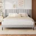 King Size Velvet Bed Frame and Vertical Chanel Tufted Headboard, Upholstered Platform Bed wtih Wingback, No Box Spring Needed, Strong Wooden Slats, Light Grey