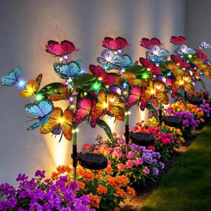 Solar Path Lights Outdoor 4 Pack, LED Flower & Butterfly Decor, Waterproof Auto On/Off, Bigger Solar Panel for Yard, Patio, Garden Walkway Decoration Gift for Mom (Lily), Standard