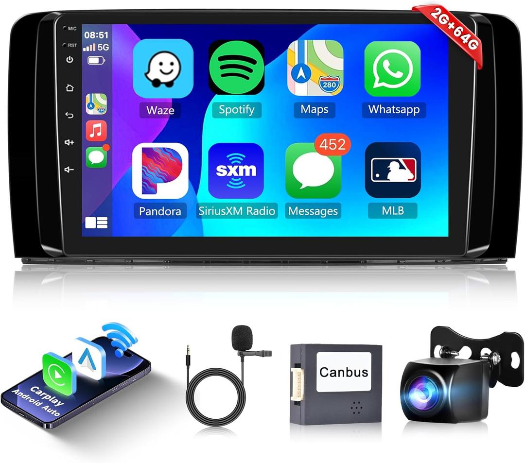 2+64G Android Car Radio Stereo for Mercedes-Benz R-Class W251/R320/R300/R350 2005-2017 with Wireless Carplay Android Auto, 9 Touchscreen, GPS, Mirror Link, Bluetooth, WiFi, Backup Camera, FM/RDS EQ