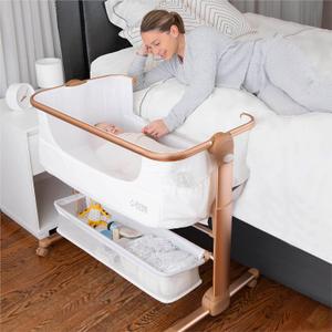 KoolerThings Baby Bassinet, Bedside Sleeper for Baby, Easy Folding Portable Crib with Storage Basket for Newborn, Bedside Bassinet, Comfy Mattress/Travel Bag Included (Bassinet) (White & Gold)