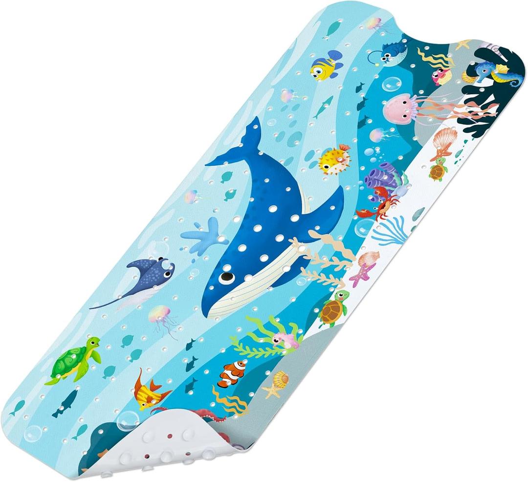 Baby Bath Mat for Tub, Non Slip Kids Bath Shower Mat, 40 X 16 Inch Large Bathtub Mat with Drain Holes and Suction Cups for Toddlers, Machine Washable and Waterproof (Whale)