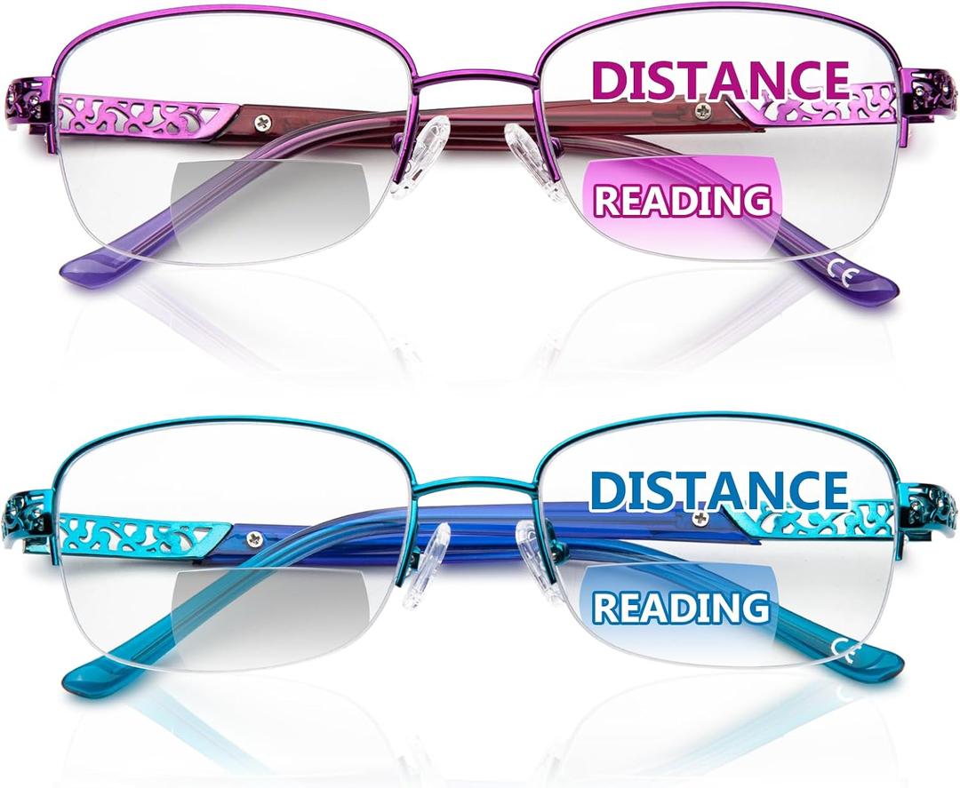 DEHOTRE 2 Pack Bifocal Reading Glasses Women Clear Zero Top Half Metal Rim Anti Blue Light Computer Readers Soft Nose Pad Purple & Blue 2.50