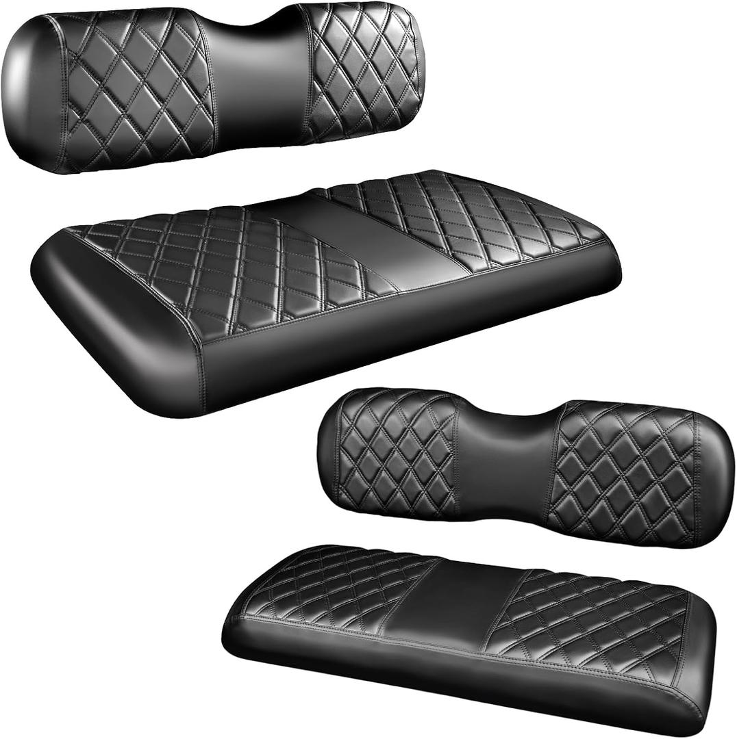 NOKINS 4PCS Golf Cart Diamond Seat Covers Kit,Front and Rear Seat Covers Fits for EZGO/Club Car/Yamaha Original Regular Seat Cushion, No Stapler (Black Stitching)