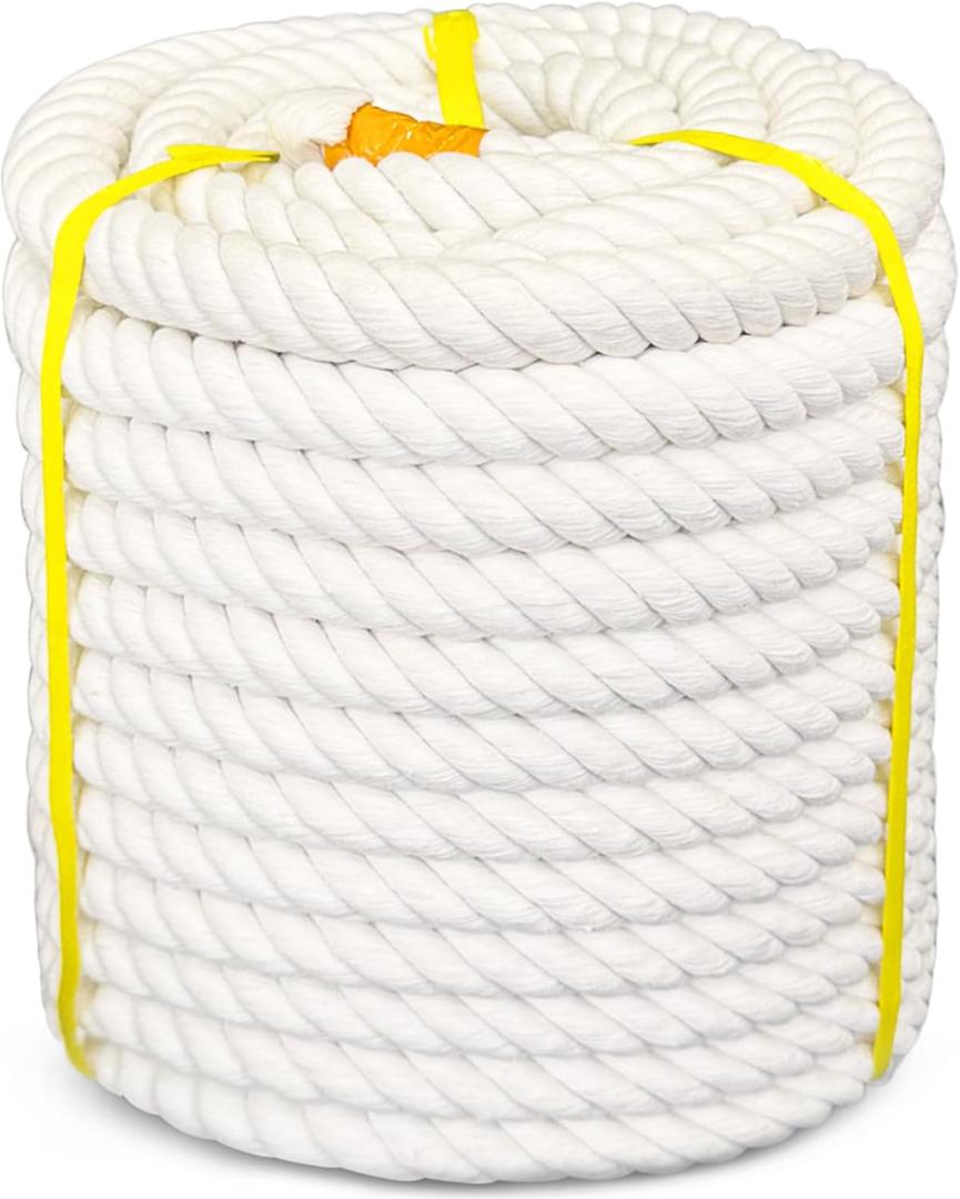 1 Inch x 50 Feet Twisted Cotton Rope 4-Strands Natural Soft White Cotton Rope for Crafts, Swing, Sports, DIY, Home Decor