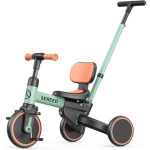 SEREED 5-in-1 Push Tricycle for Toddlers 1-4, Toddler Bike, Birthday Gift | Easy Assembly, Parent Agile Steering Push Handle, Adjustable Seat&Handlebar, Birthday Gift Toy for Boy Girl Ages 1+, Green
