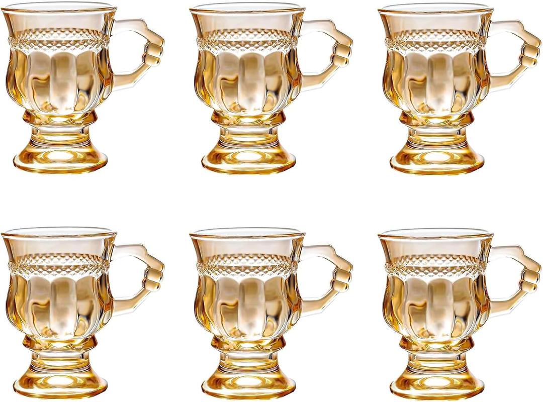 Turkish Tea Glasses Set of 6 - Moroccan Tea Glasses with Handle - 5 oz Espresso Cups - Footed Glass Coffee Mugs for Cold Beverages Drinks (Amber)