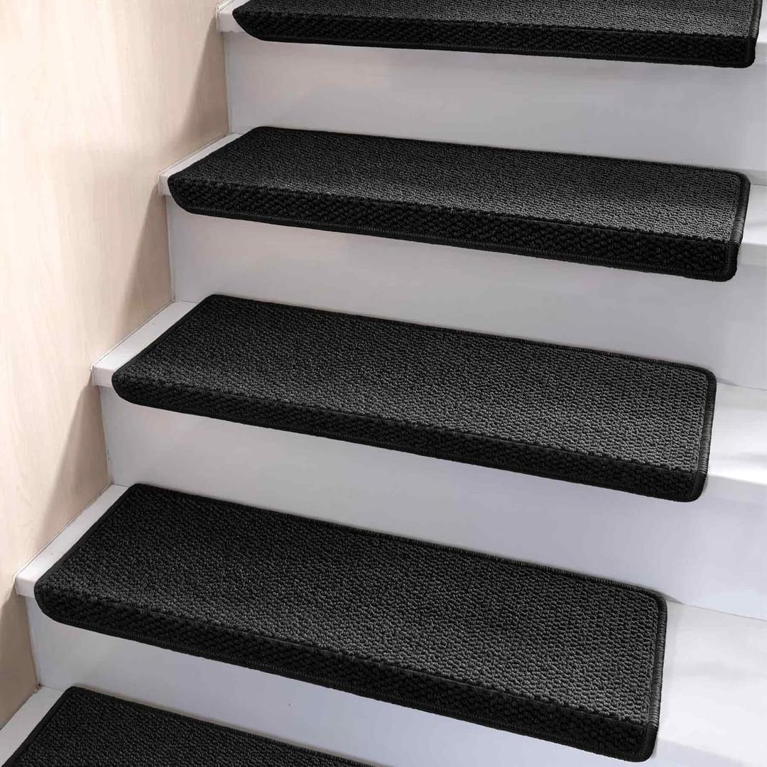 Bullnose Carpet Stair Treads, Non Slip for Wooden Steps Indoor, Runner, Soft Rugs for Pets, Edging Protectors, Washable, 29.5"x9.5"x1.5" 14pcs, Black