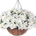 Artificial Hanging Flowers Faux Plants Basket for Outdoors Spring Summer Decor, Fake Silk Bougainvillea in Planter Outdoor Look Real UV Resistant Faux Flower for Outside Porch Patio Garden Home, White