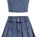 WDIRARA Girl's Y2K 2 Piece Outfits Bandeau Tube Tops Jeans Denim Sets A Line Pleated Mini Skirt Set