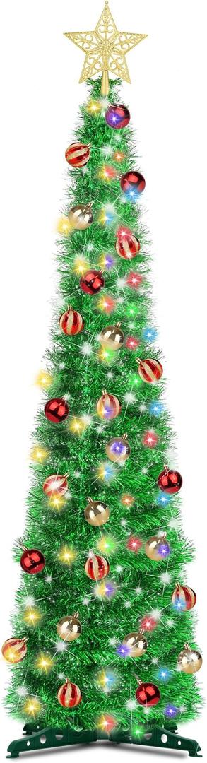 5 Ft Pop Up Christmas Tinsel Tree with Timer Warm White & Multi Color Change Lights Battery Operated Pencil Christmas Slim Tree with 25 Ball Ornaments & Star Xmas Home Indoor Holiday Decor (Green)
