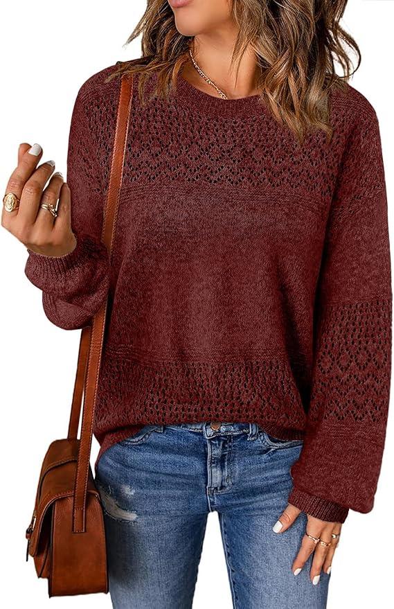 Lylinan Womens Sweaters Casual Boho Long Sleeve Shirts Crewneck Lightweight Crochet Tops Pullover Knit Sweater (Large)
