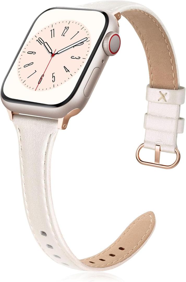 Slim Leather Band Compatible for Apple Watch 38mm 40mm 41mm 42mm Series 10, Slim Thin Elegant Top Grain Genuine Leather Strap Compatible for iWatch Series 10 9 8 7 6 5 4 3 2 1 SE Women (Startlight)