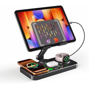 Magnetic Charging Station for Apple Multiple Devices, Wireless Charger with Clock & Light, Foldable Wired Charging Stand for iPad/Tab, Mag-Safe Charger for iPhone 17, for Apple Watch for AirPods