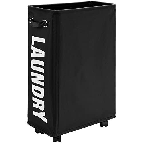 DOKEHOM 25-Inches Slim Laundry Basket on Wheels, Collapsible Rolling Laundry Hamper, Foldable Narrow Corner Clothes Storage Bins (Black)