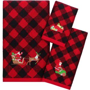 Shojoy 3 Pack Christmas Towels Set - 100% Cotton Large Size Christmas Theme Embroidery Bath, Hand & Facial Towels for Home Bathroom & Kitchen (Red and Black Plaid, 3 Sizes)