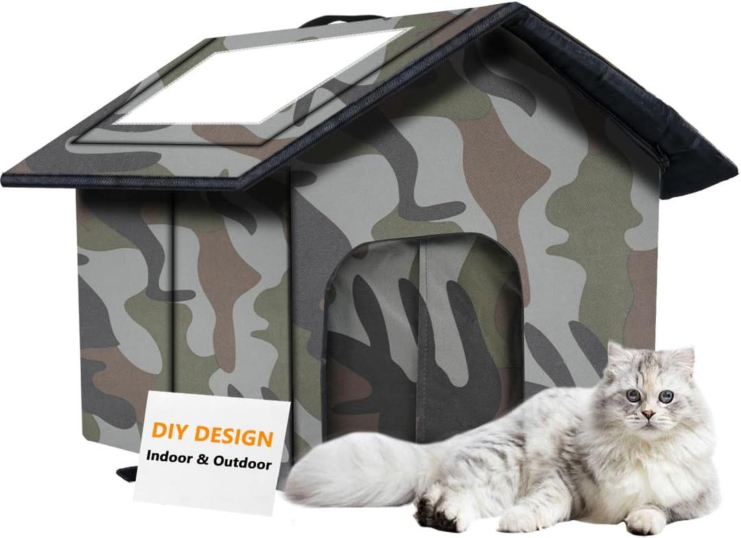 Cat House for Outdoor Cats, Weatherproof Feral Cat House with Mat and Doors, Easy to Put Together, Collapsible Warm Pet Nest Kitty Shelter for Winter, Never Blow Away (14.17" x 13.78" x 15.35", Camouflage)