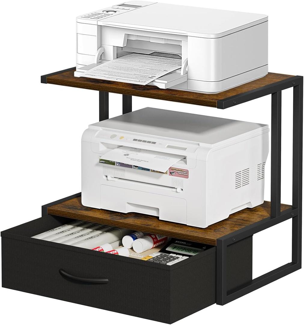 Printer Stand with Storage for Desk, with Fabric Drawer Desktop Printer Stand Shelf Organzier for Home Office, for Above and Under Desk Printer Table, Fax Machine Copier Scanner, Rustic Brown