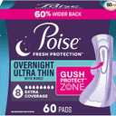 Poise Overnight Ultra Thin Incontinence & Postpartum Pads with Wings for Bladder Leaks, 8 Drop Extra Absorbent, Long Length, 60 Count (3 Packs of 20)