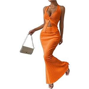 SOLY HUX Women's Two Piece Outfits Twist Front Halter Cami Tops and Skirt Summer Set, Solid Orange, Medium