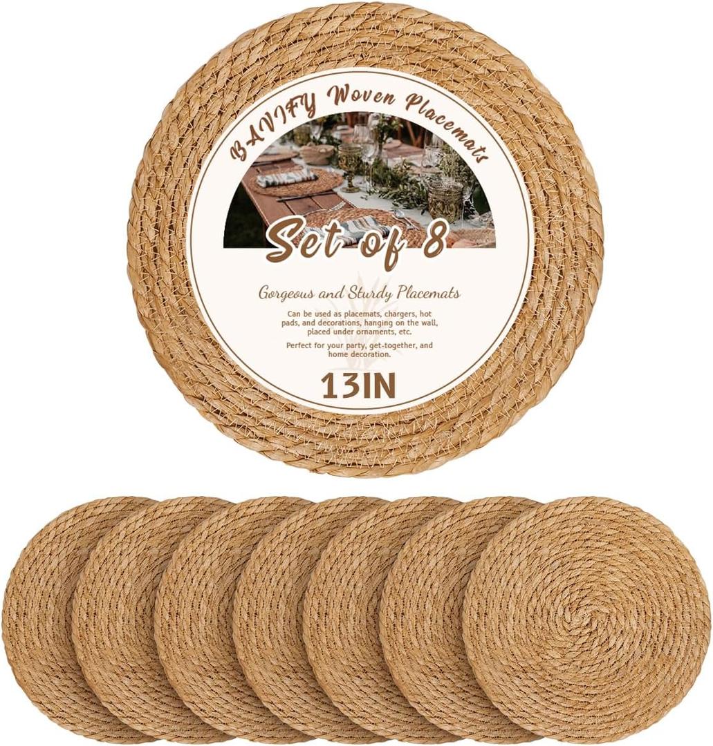 13 in Round Woven Boho Placemats Set of 8, Wicker Rattan Place Mats Chargers for Dinner Plates, Farmhouse Rustic Table Mats for Dining Table Decor (Natural Color)