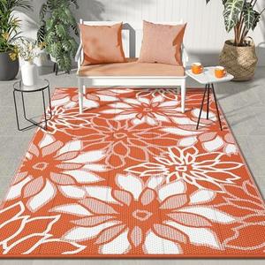 GENIMO Outdoor Rug Waterproof for Patio Decor, 6' x 9' Reversible Plastic Straw Floral Camping Carpet, Large Area Rugs Mats for RV, Camper, Deck, Balcony, Porch, Beach, Picnic, Orange & White