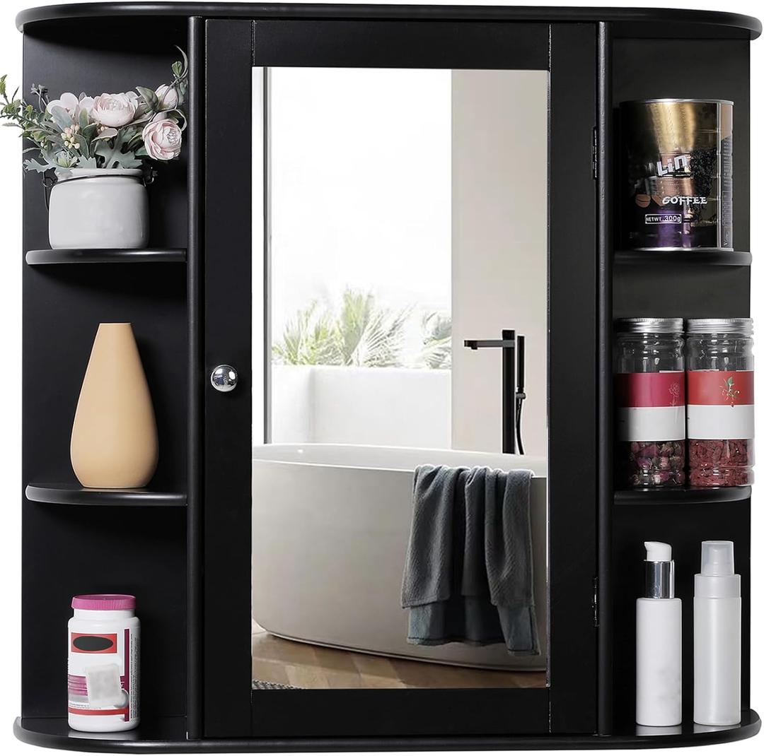 Iwell Bathroom Medicine Cabinet with Mirror, Wall Cabinet with 2 Adjustable Shelves & 6 Open Shelves, Bathroom Cabinet Wall Mounted, Over The Toilet Space Saver Storage Cabinet, Black