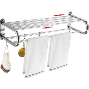 BESy Adjustable 15-25 Inch Towel Rack with Shelf for Bathroom and Lavatory Towel Shelf Double Towel Bar Rod 4 Hooks Wall Mount Multifunction Towel Holder Hotel Style Stainless Steel Polished Chrome