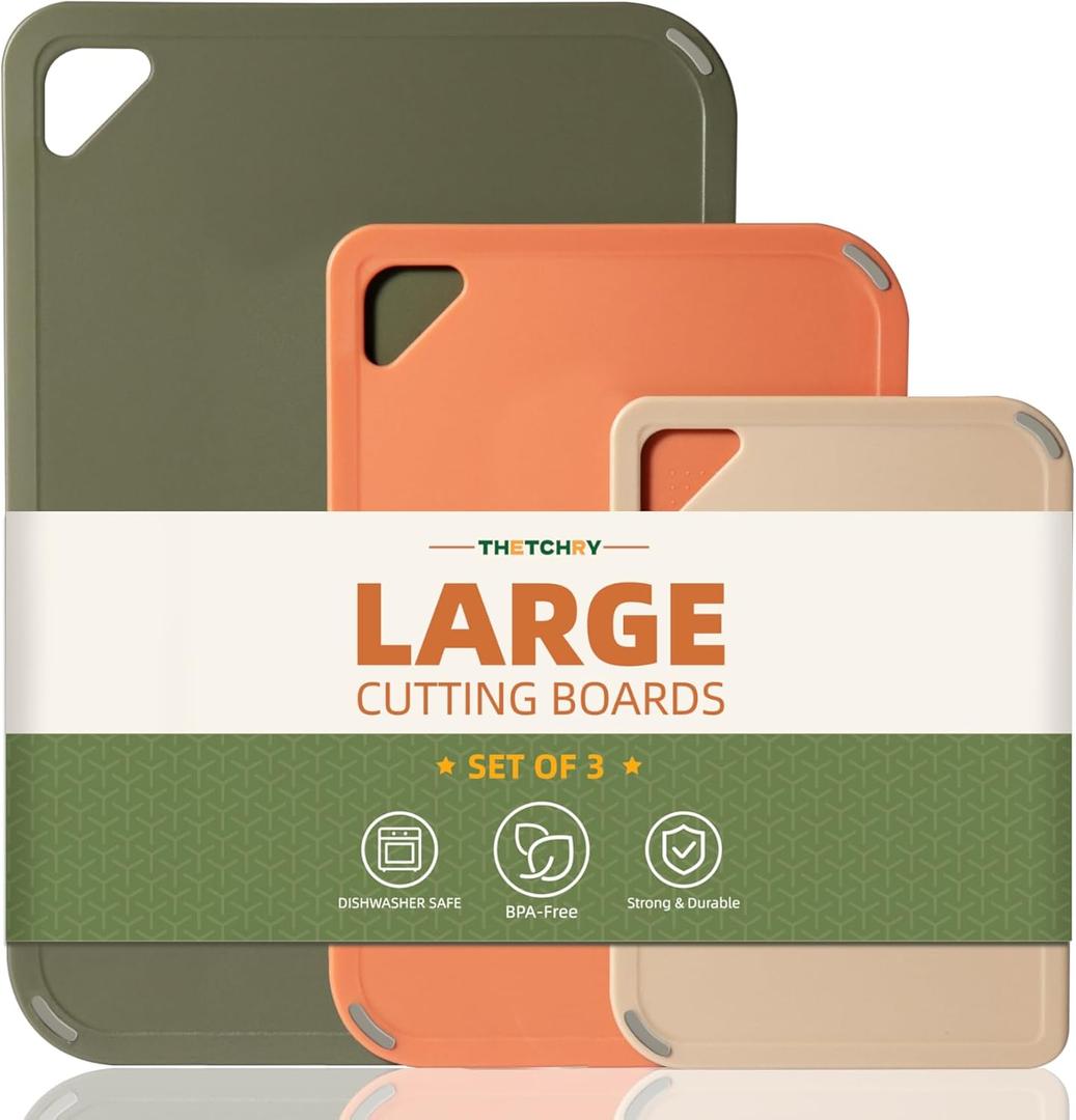 Plastic Cutting Board Set, Cutting Boards for Kitchen BPA Free, Large-Small Chopping Boards Set of 3 Non-Slip for Cooking Camping Dishwasher Safe, Reversible, with Grip Handle, 15"10"0.6" (Orange-green)