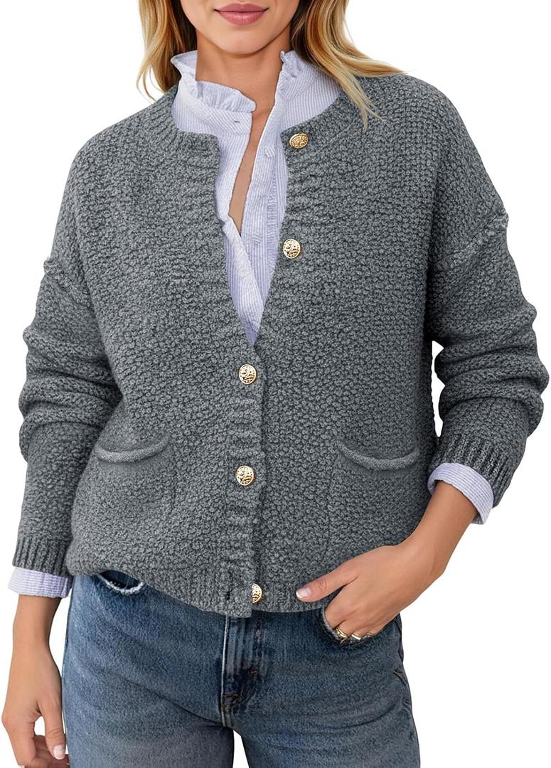 Saodimallsu Women's Chunky Knit Cardigan Button Down Crewneck Long Sleeve Cropped Sweater with Pockets (L)