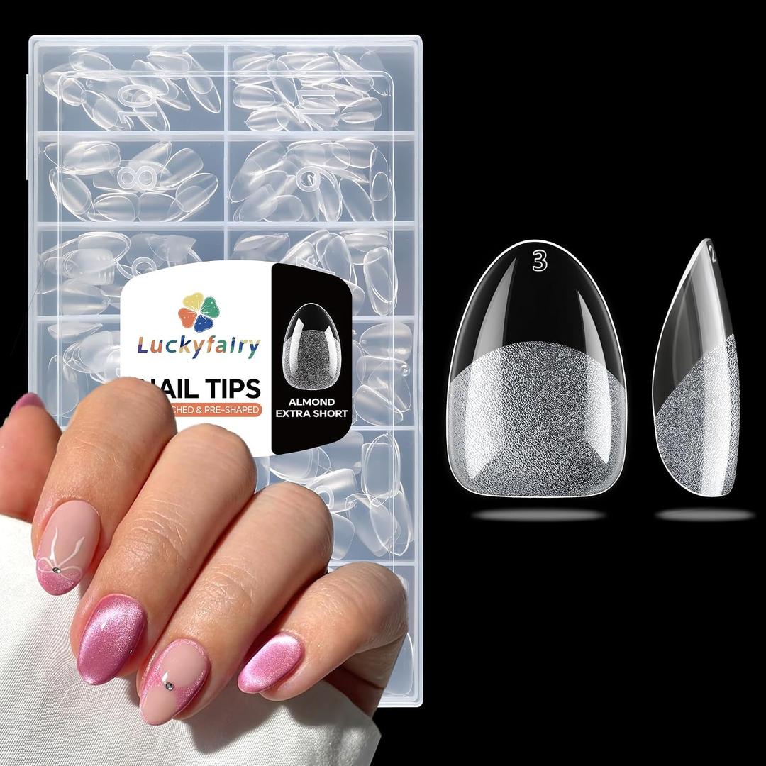 Luckyfairy Extra Short Almond Nail Tips, 240pcs Soft Gel Pre-Shaped Acrylic Fake Nails, Half Matte Full Cover Clear Gelly Press on Flase Nail Tips for Extension Nail Manicure Home DIY 12 Sizes
