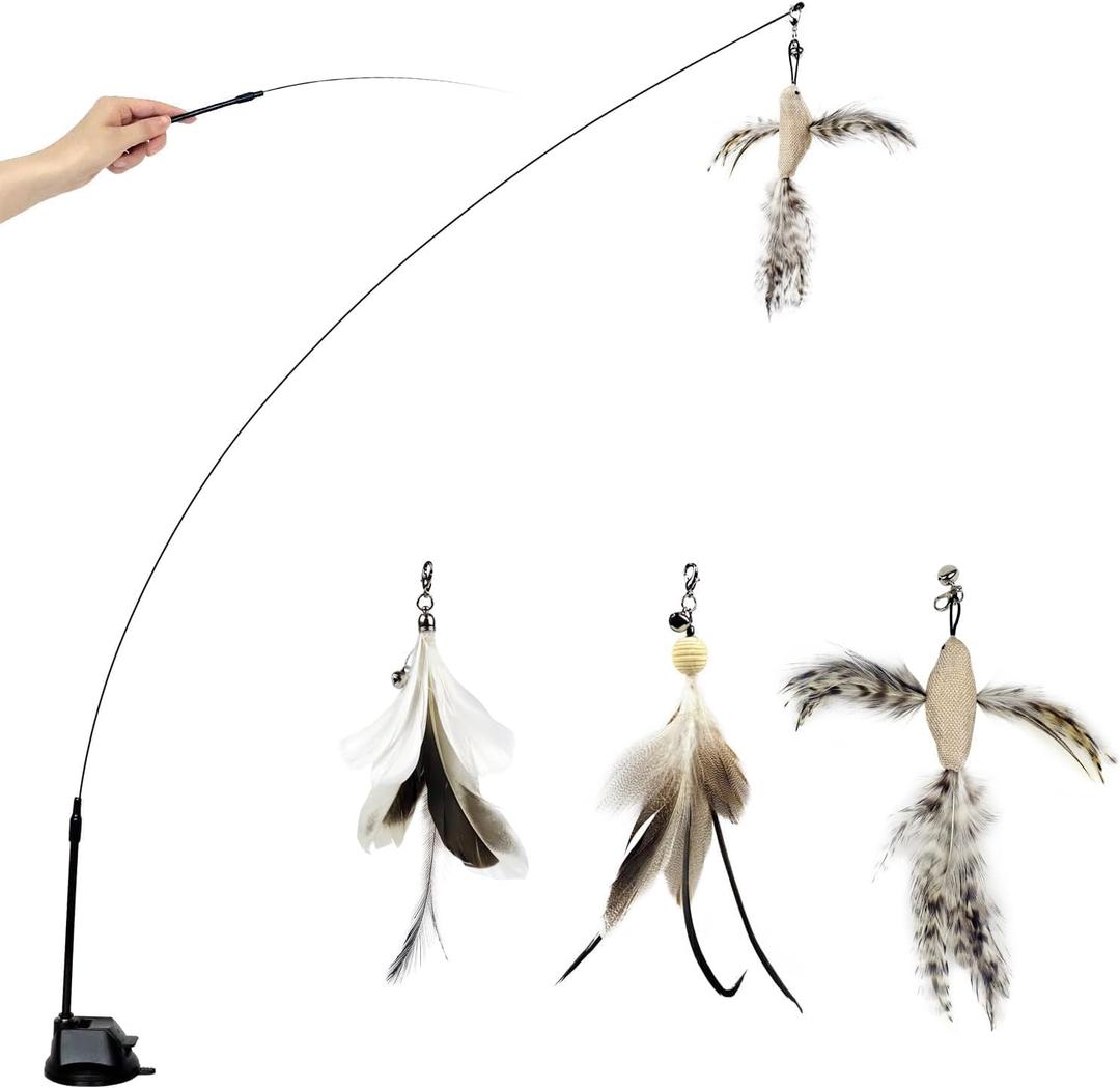 TTcat Cat Wand Toys with Suction Cup, Interactive Bird Simulation Cat Toy Set,Cat Teaser Cat Toys,Flexible Steel Wire and 3Pcs Replacement Feather Refills with Bells.