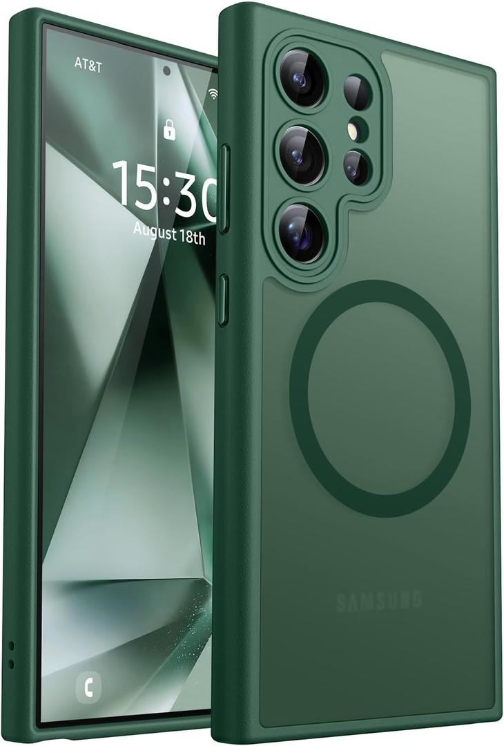 CANSHN Designed for Samsung Galaxy S24 Ultra Case [Full Camera Protection] [Compatible with MagSafe] Translucent Matte Shockproof Protective Phone Cover 6.8 Inch - Deep Green