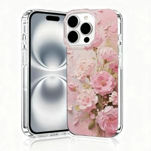 for iPhone 16 Pro Max Case, Floral Clear Case, Cute Floral Pattern Flower Design, Pink Peony Flowers Phone Cases, Scratch Resistant Shockproof Cover, Aesthetic Phone CoverB135
