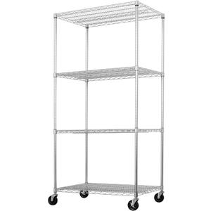 SafeRacks - NSF Certified Storage Shelves, Zinc, Heavy Duty Steel Wire Unit with Wheels and Adjustable Feet, Garage or Bakers Rack, Kitchen, Pantry Shelf - (36"x24"x72" 4-Tier) (Silver)
