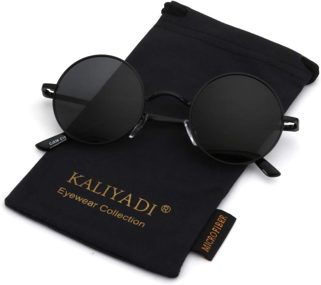 KALIYADI Round Polarized Sunglasses for Men Women Retro Metal Hippie Circle Style Sun Glasses UV Protection (A01-black Frame Black Lens)