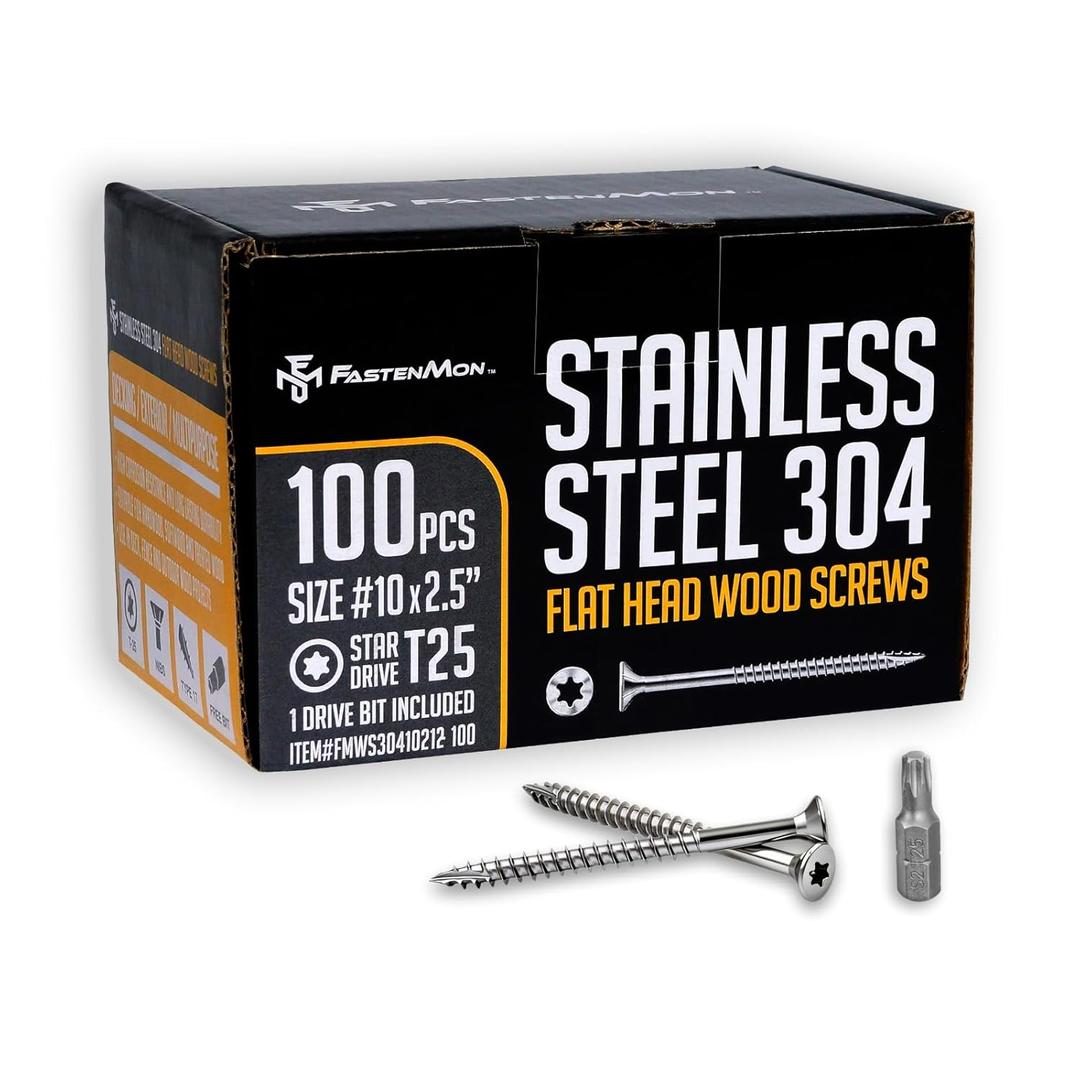 #10x2-1/2 Stainless Steel Deck Screws, 304 Grade, 100 PCS, T25 Star Drive Bit, Ideal for Outdoor Wood Projects, Fences, Benches, Picnic Tables, and Decks, Bulk Box