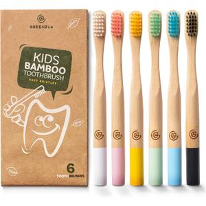 GREENZLA Kids Bamboo Toothbrushes, Natural Toothbrush Set, Soft Bristles, Durable Charcoal Wooden Brushes, Compostable Design for Toddlers and Children, 6 Pack