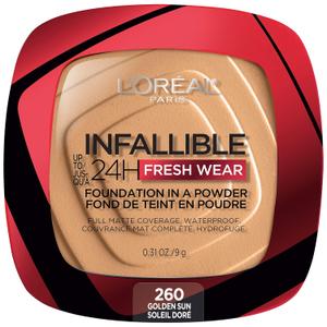 L'Oreal Paris Makeup Infallible Fresh Wear Foundation in a Powder, Up to 24H Wear, Waterproof, Golden Sun, 0.31 oz. 