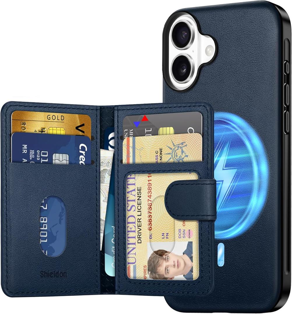 SHIELDON Genuine Leather Case for iPhone 16 Plus + Removable Magnetic RFID Blocking Wallet with 6 Card Holder, Minimalist Wireless Charging Cover Compatible with iPhone 16 Plus 6.7" - Nappa Navy Blue