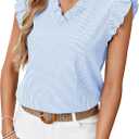 Rooscier Women's Striped Ruffle Cap Sleeve V Neck Casual Office Work Blouse Top Shirt (Blue, XL)