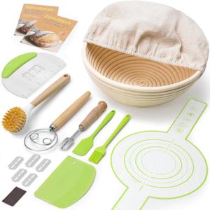 Sourdough Bread Baking Supplies: 9-Piece Kit with Banneton Bread Proofing Basket (9" Round), Sourdough Starter Kit & All Essential Tools | Artisan Essentials for Home Bakers