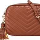Daisy Rose Quilted Shoulder Cross Body Bag & Detachable Tassel, PU Vegan Leather (Brown)